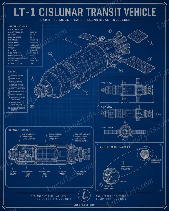 LT-1 Cislunar Transit Vehicle blueprint on anodized blue aluminum