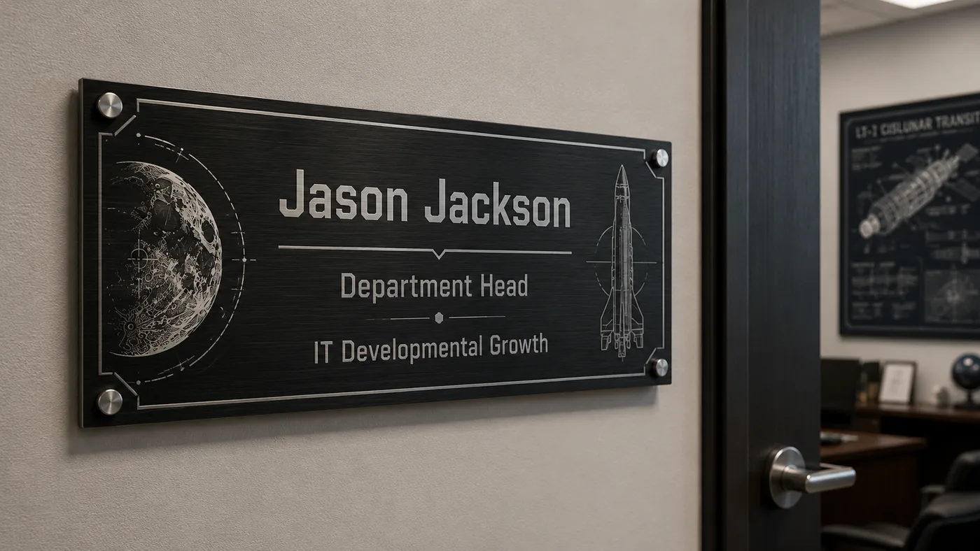 Black anodized aluminum office name plate, laser etched with a moon and rocket, mounted with stainless standoffs