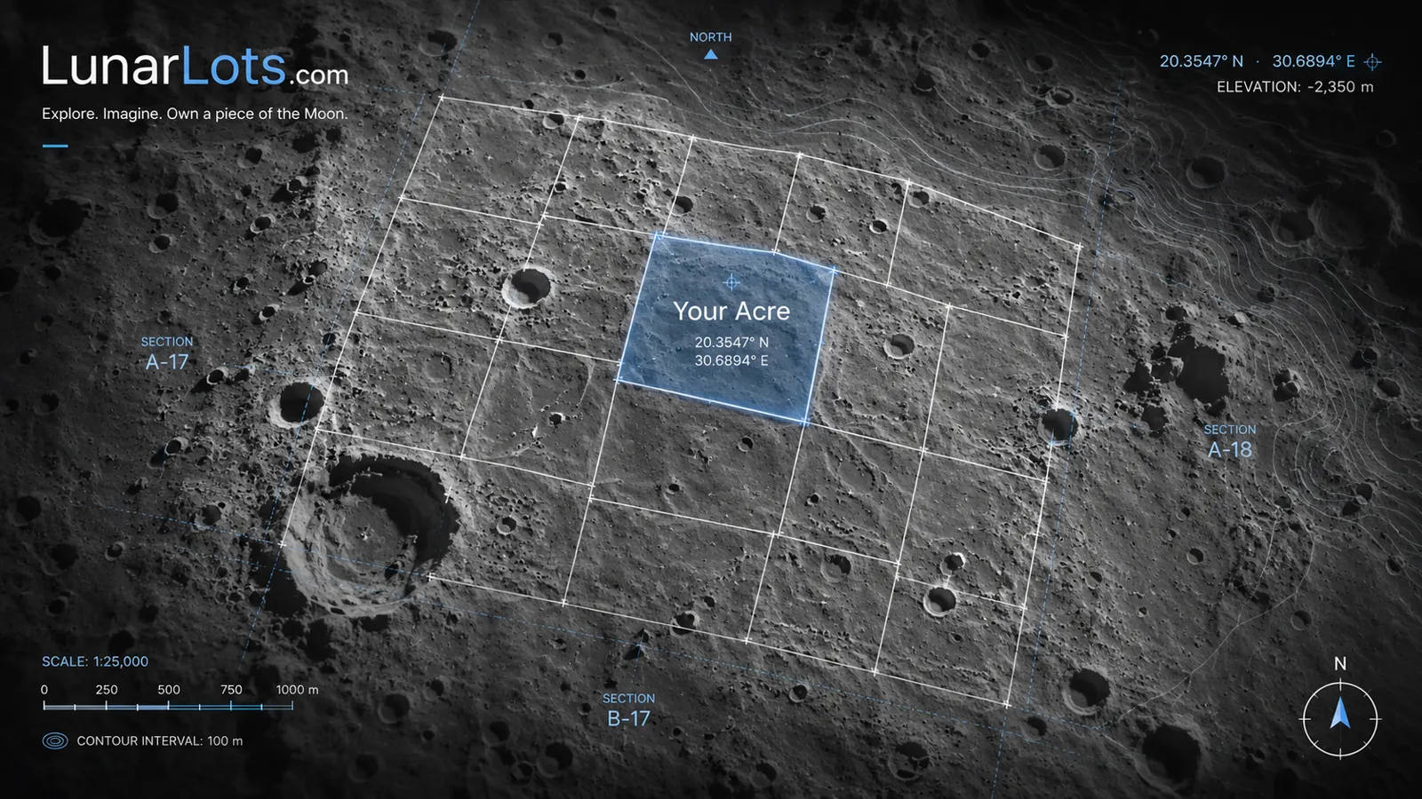 Satellite-style lunar plot map with a highlighted acre